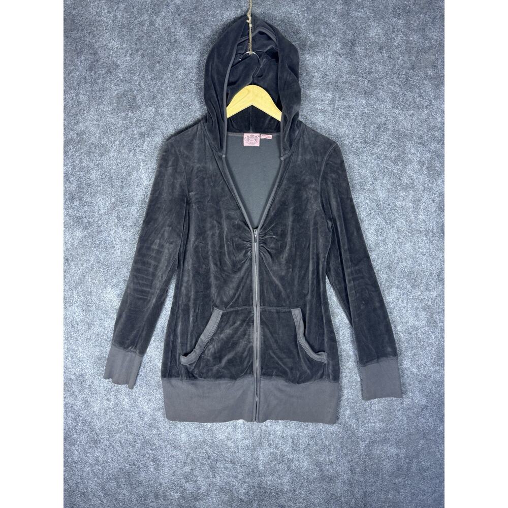 Juicy Couture Black Long Length Hooded Track Jacket Velvet Velour Long Sleeve L